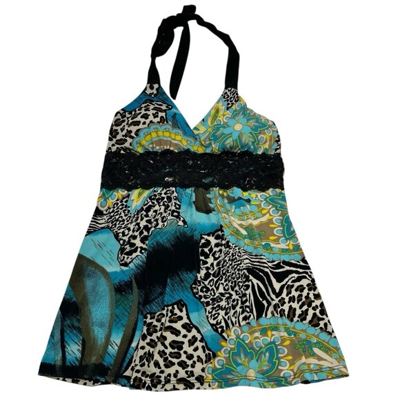 Vintage Y2K Indigo Six Top Womens L Babydoll Lace Trim Halter Mixed Print Jersey - Picture 1 of 7